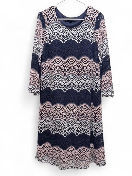 Tacera Dresses & Skirts - Tacera Navy, Light Pink & White Lace-Pattern Midi Dress